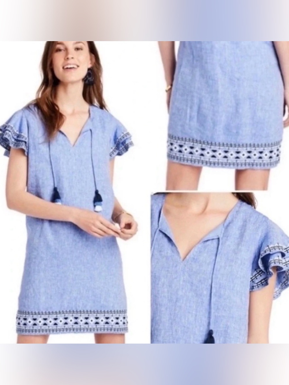 Vineyard Vines Blue Embroidered Flutter-Sleeve Linen Sheath Dress